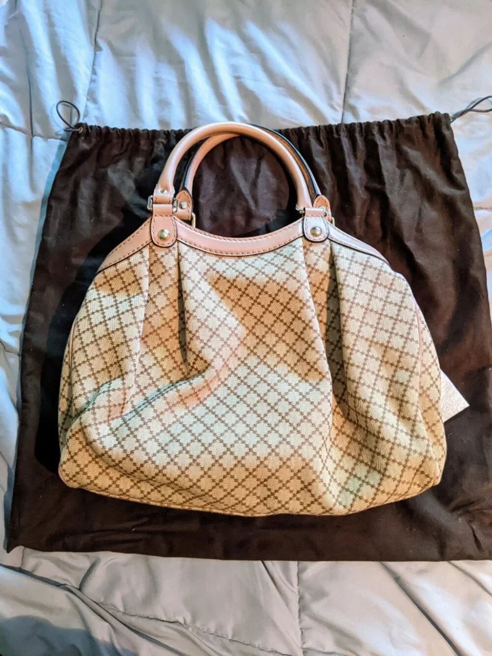 New Authentic Gucci Beige Diamante Medium Sukey Tote Canvas Leather Powder Pink